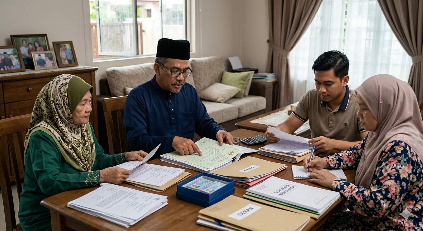 Waris menyusun dokumen untuk urusan harta pusaka selepas kematian.