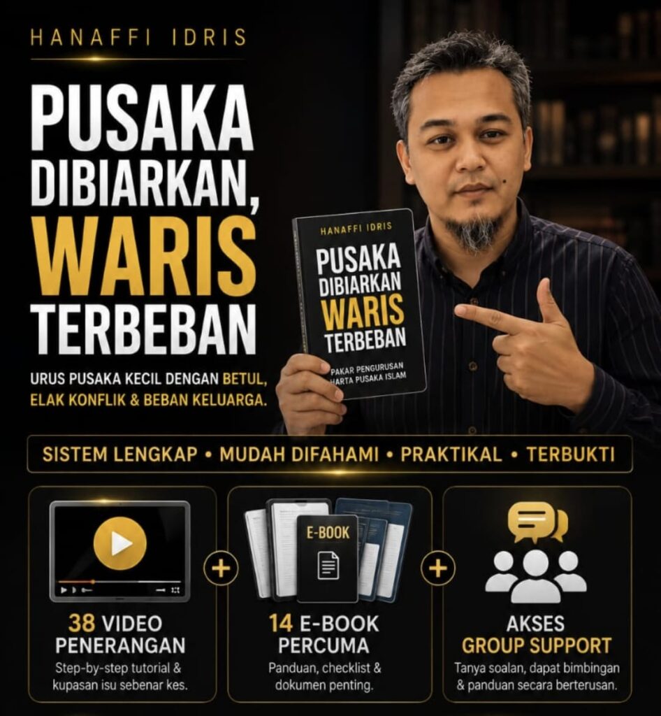Poster jualan Panduan Pusaka Kecil Online oleh Hanaffi Idris untuk membantu waris mengurus harta pusaka kecil dengan betul.
