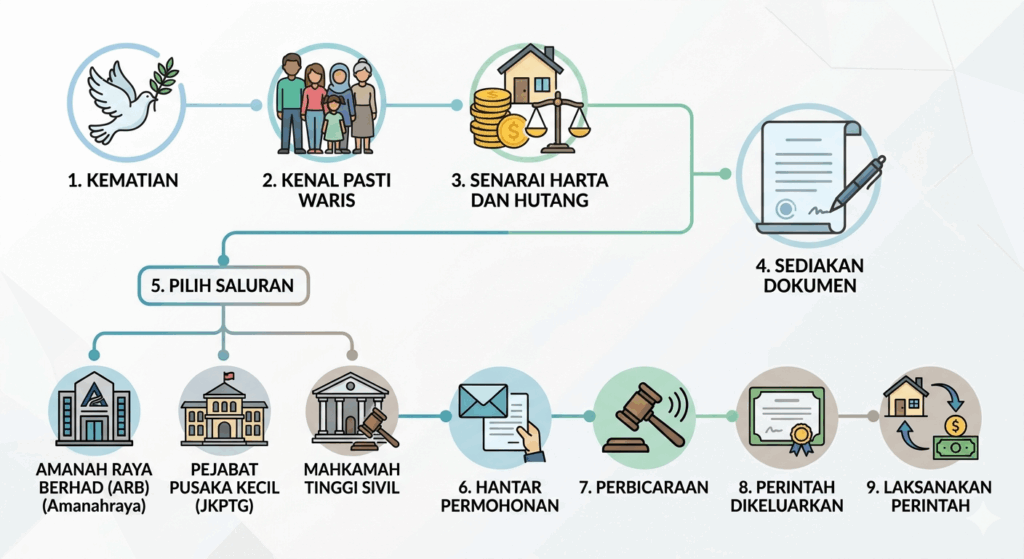 Carta aliran proses urusan harta pusaka dari kematian hingga pelaksanaan perintah.