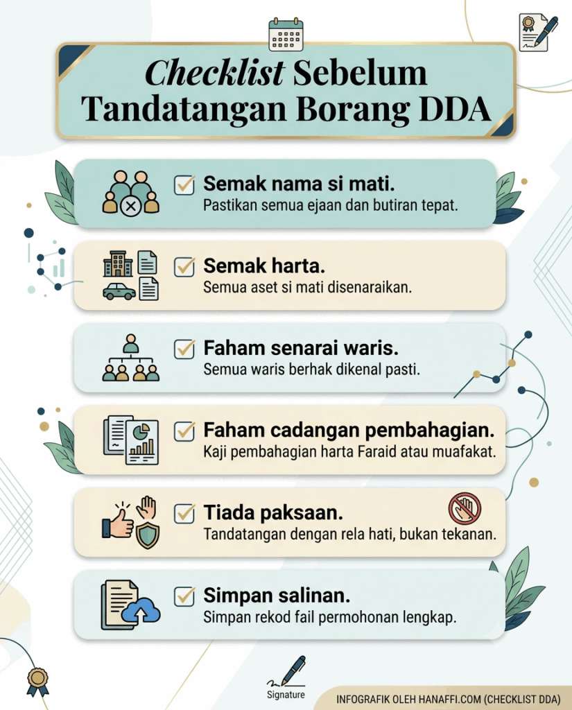 Checklist sebelum waris tandatangan Borang DDA pusaka kecil.