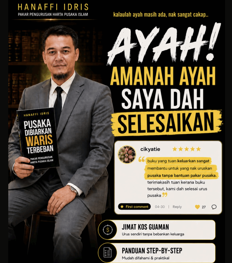 Poster promosi buku Pusaka Dibiarkan Waris Terbeban dengan testimoni pembaca tentang urusan pusaka.
