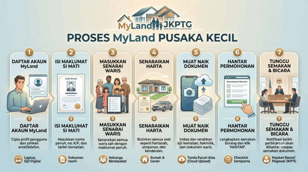 Proses permohonan MyLand Pusaka Kecil dari daftar akaun hingga perbicaraan