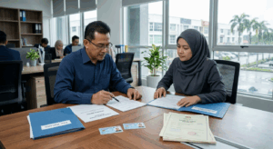 Waris menyemak dokumen urusan harta pusaka kecil di Malaysia