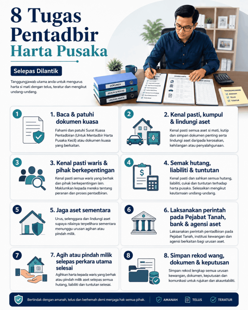 Infografik 8 tugas pentadbir harta pusaka selepas dilantik