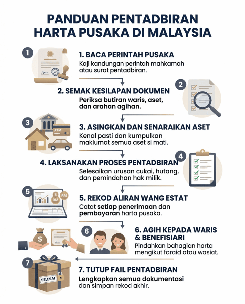 Aliran semak perintah, asingkan aset, laksanakan urusan, rekod wang, agih dan tutup pentadbiran