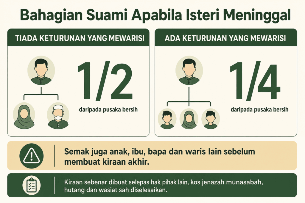 Perbandingan bahagian faraid suami 1/2 tanpa keturunan dan 1/4 dengan keturunan