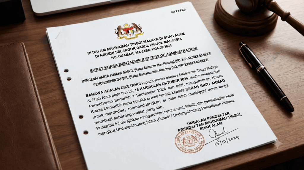 Borang F pusaka kecil sebagai Surat Kuasa Mentadbir untuk pentadbir pusaka