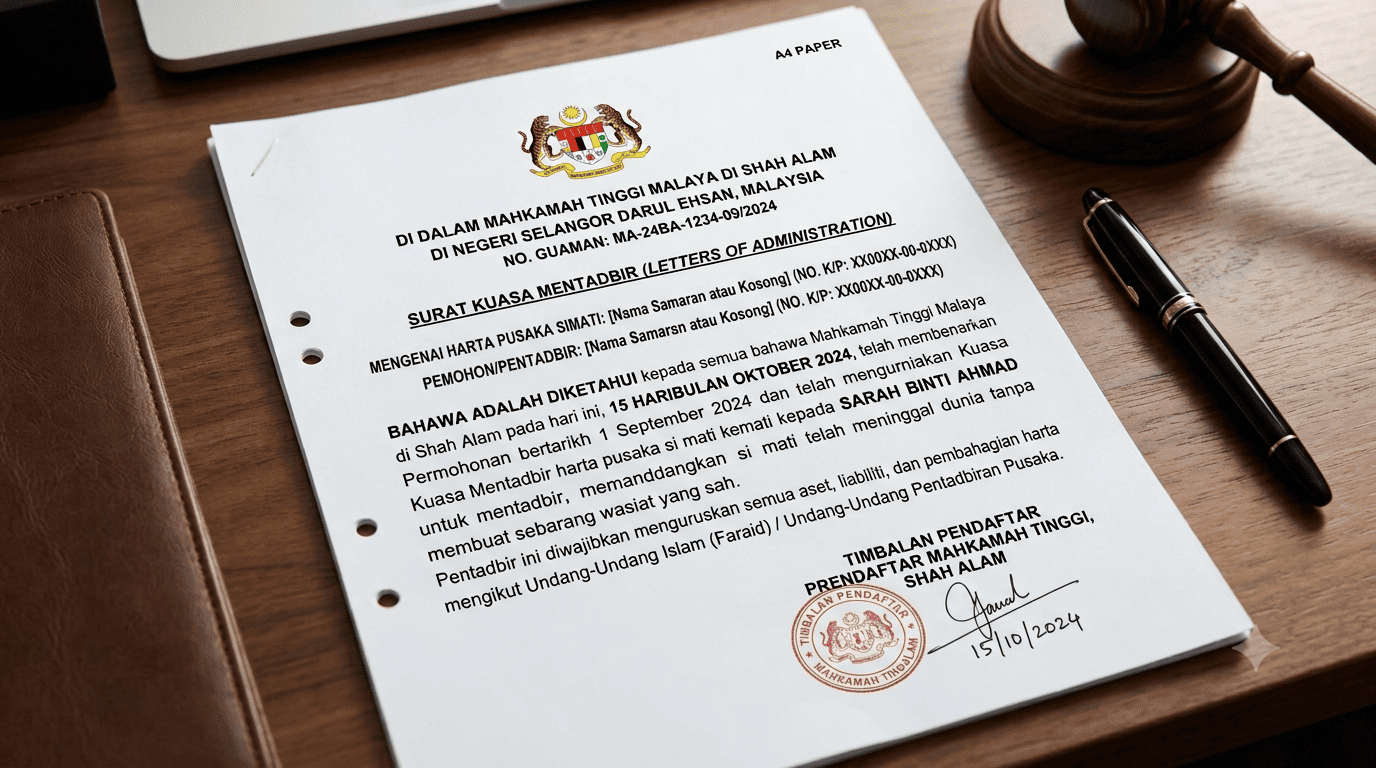 Borang F pusaka kecil sebagai Surat Kuasa Mentadbir untuk pentadbir pusaka