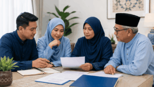 Waris berbincang memilih pentadbir harta pusaka sambil menyemak dokumen