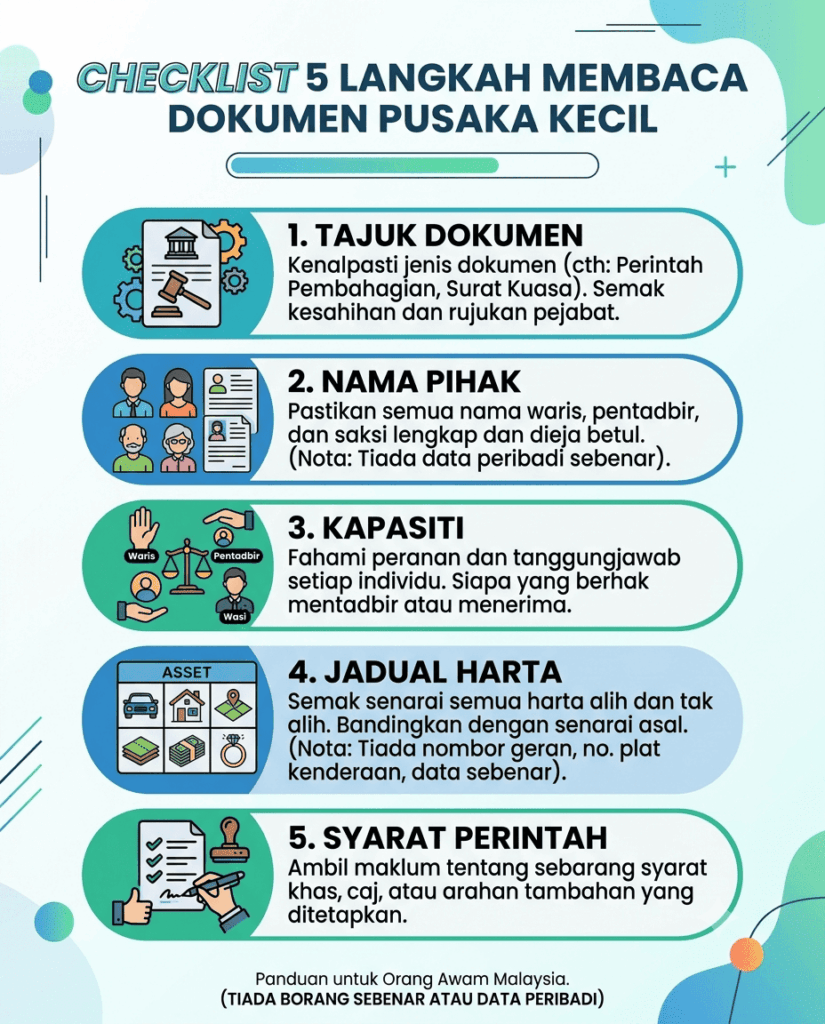 Checklist semak tajuk, nama, kapasiti, jadual harta dan syarat perintah pusaka kecil