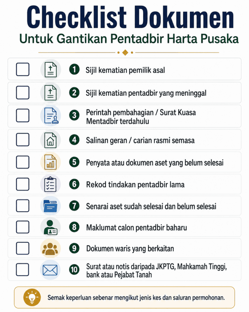 Checklist dokumen untuk menggantikan pentadbir harta pusaka yang meninggal dunia