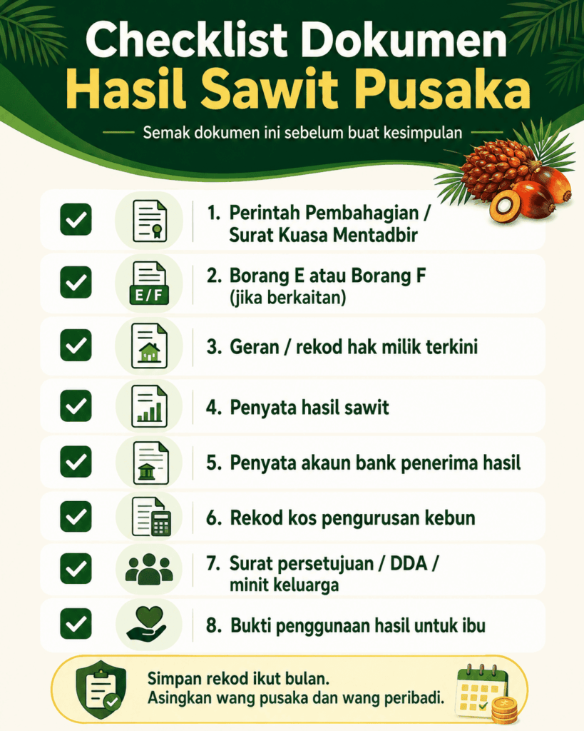 Checklist Perintah Pusaka, rekod FELDA, penyata hasil dan persetujuan waris untuk hasil sawit pusaka