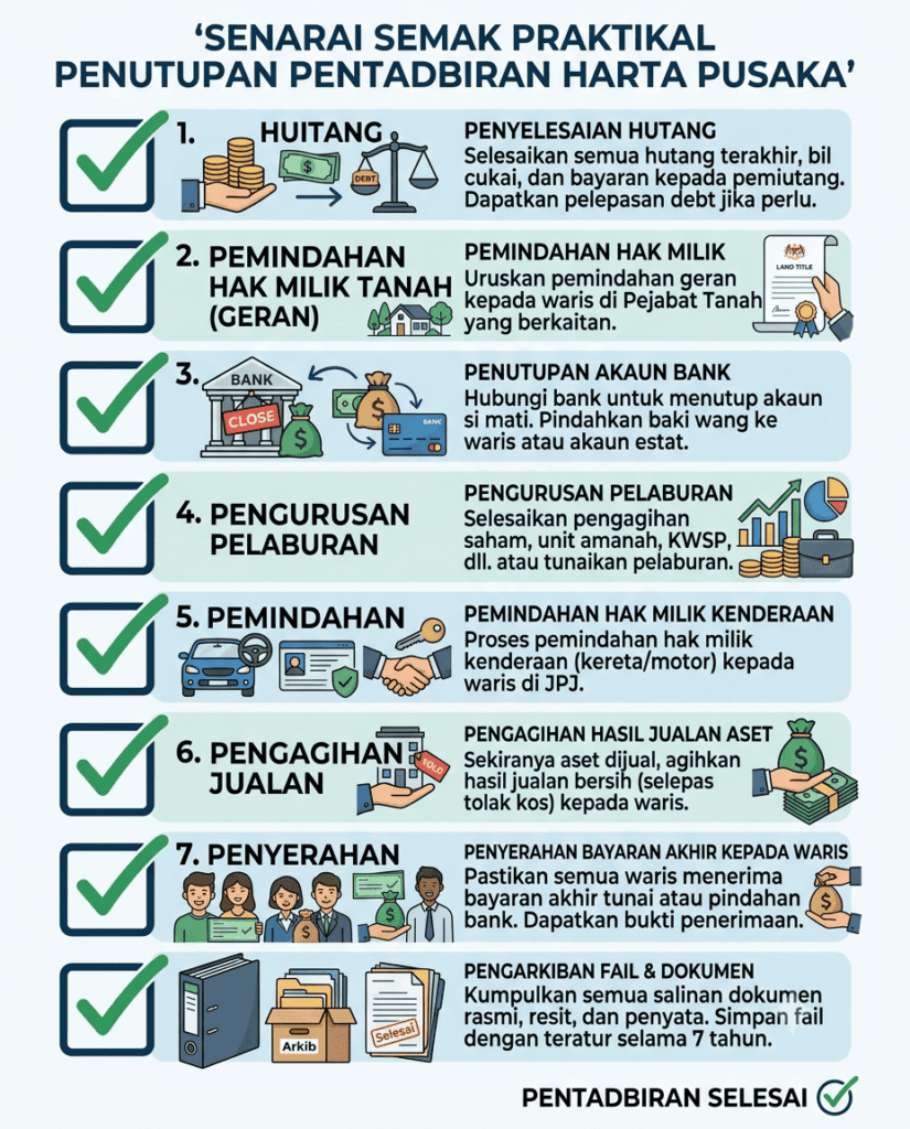 Checklist penutupan pentadbiran pusaka selepas hutang, aset dan agihan diselesaikan