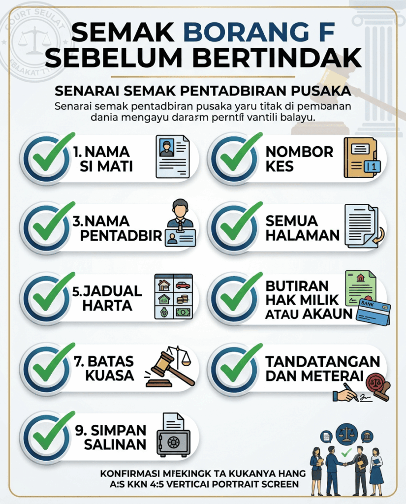 Checklist semakan Borang F pusaka kecil sebelum ke Pejabat Tanah atau bank