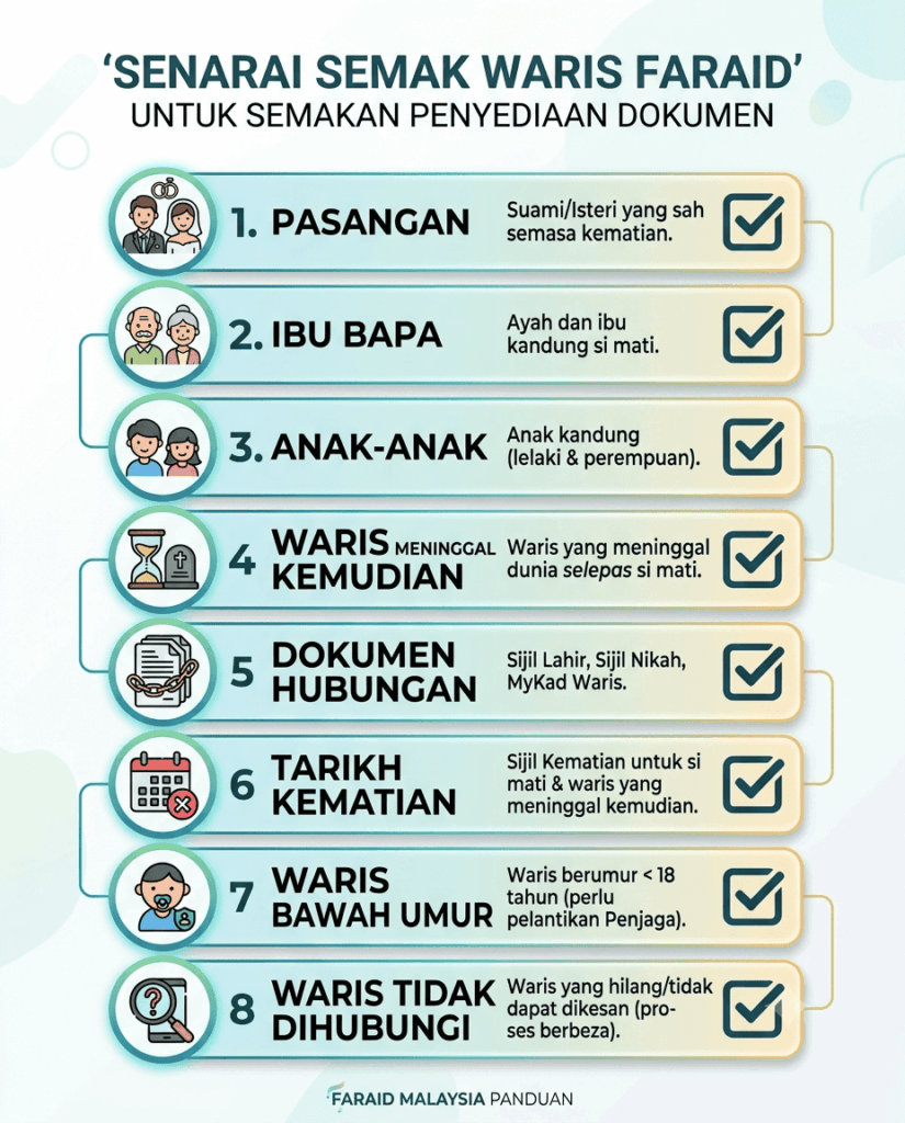 Checklist maklumat waris untuk pembahagian faraid