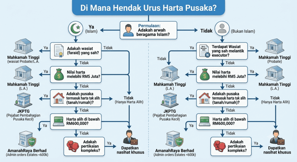 Decision tree memilih JKPTG, Amanah Raya atau Mahkamah Tinggi untuk urusan pusaka