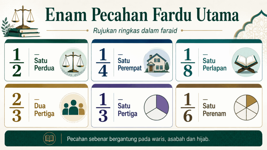 Enam pecahan fardu utama dalam faraid iaitu satu perdua, satu perempat, satu perlapan, dua pertiga, satu pertiga dan satu perenam