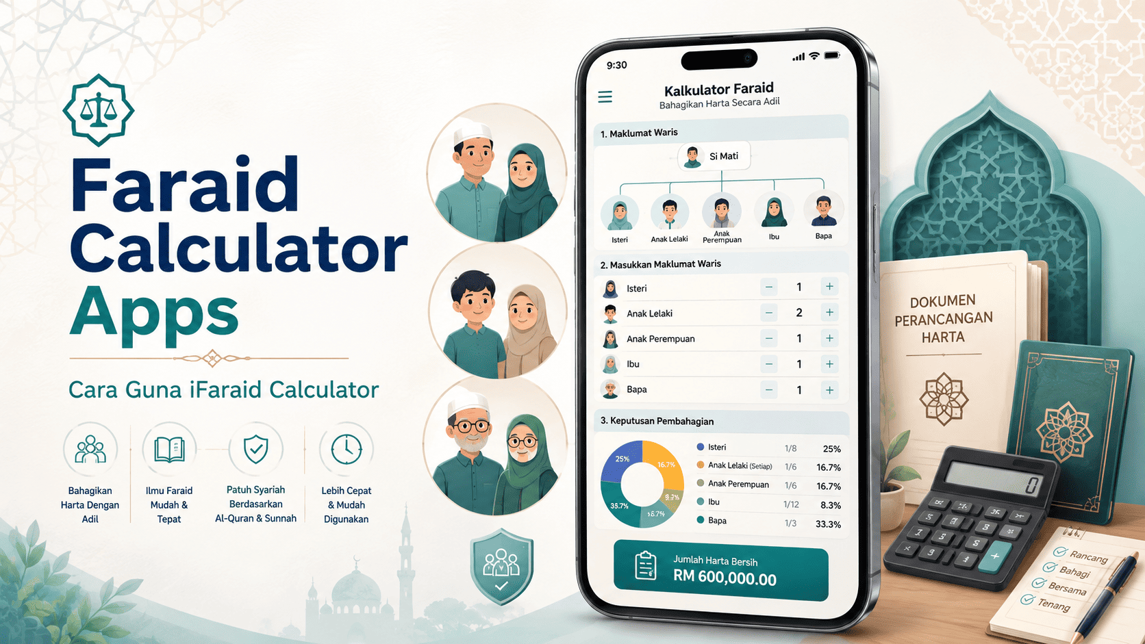 Paparan telefon dengan ilustrasi pokok waris untuk panduan iFaraid Calculator