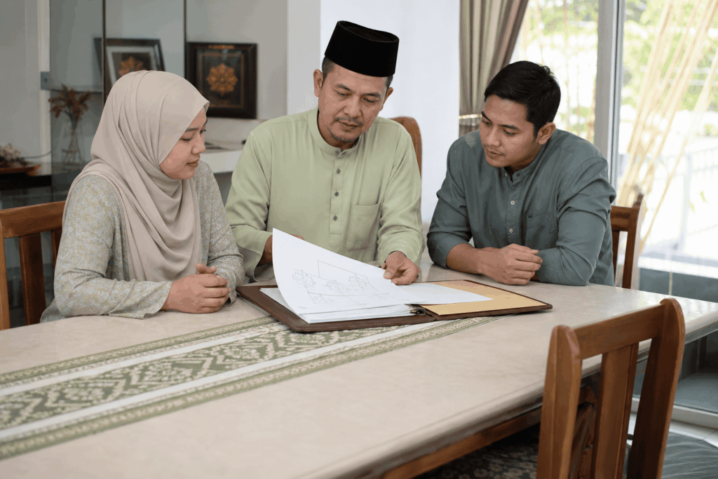 Suami dan anak menyemak dokumen faraid selepas isteri meninggal