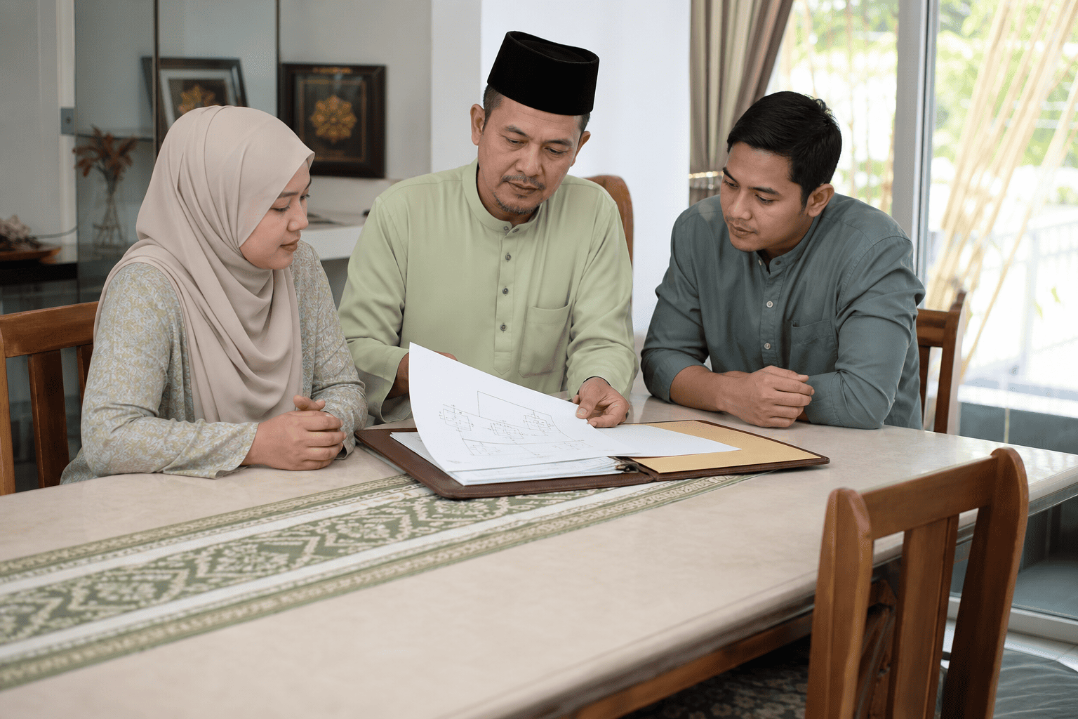 Suami dan anak menyemak dokumen faraid selepas isteri meninggal
