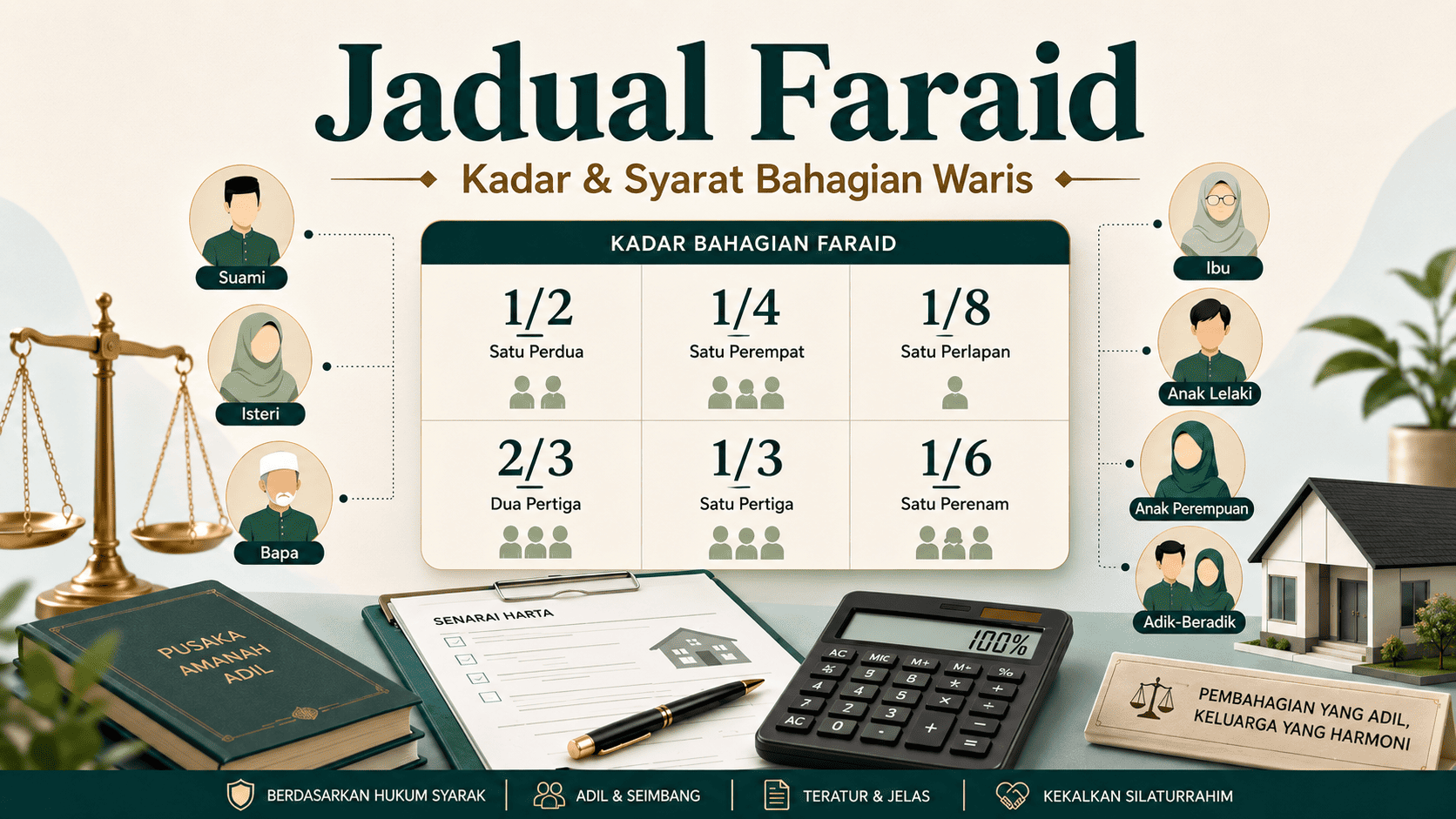Jadual faraid dan pecahan bahagian asas bagi waris