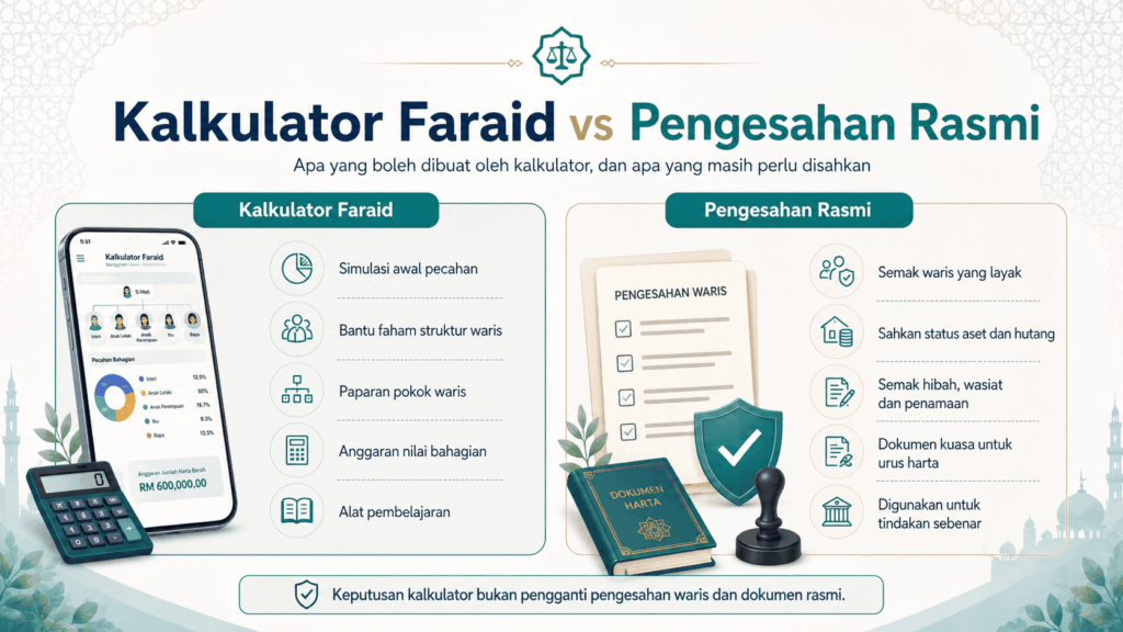 Perbezaan antara kalkulator faraid untuk simulasi dan pengesahan rasmi pembahagian pusaka