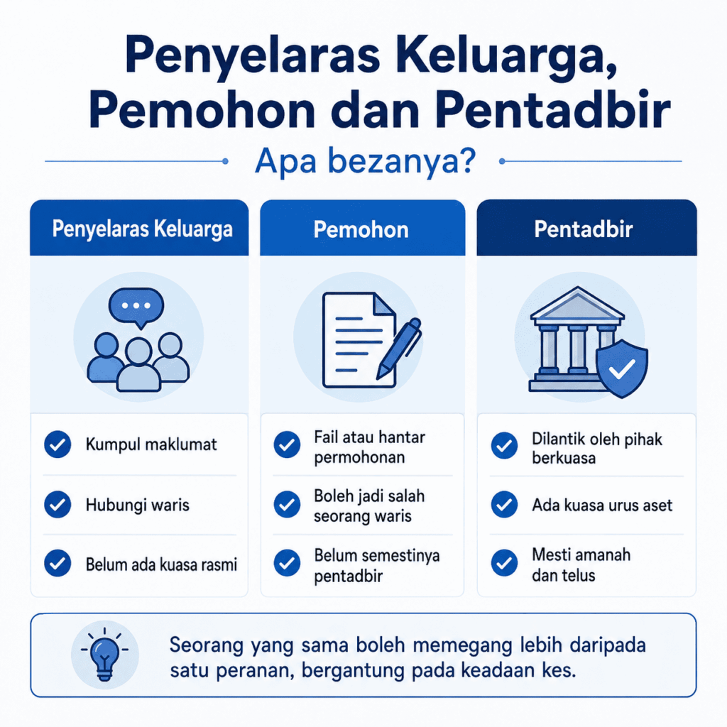 Perbandingan penyelaras keluarga, pemohon dan pentadbir harta pusaka