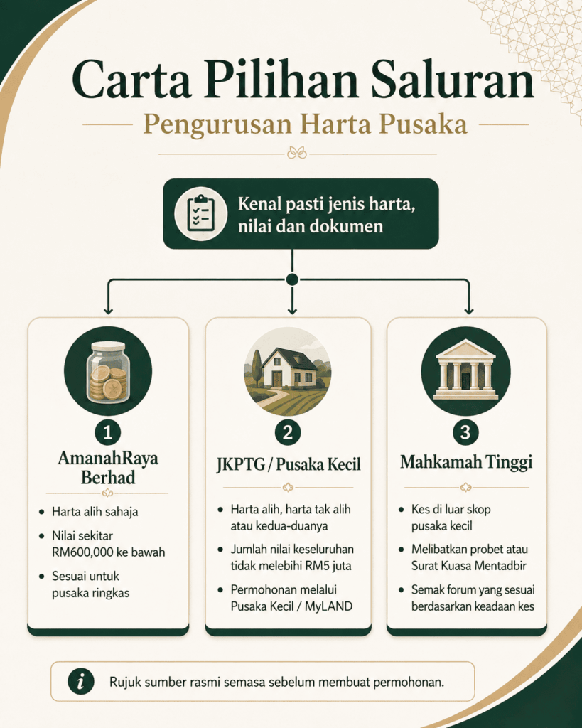 Carta ringkas memilih saluran pengurusan harta pusaka berdasarkan keadaan kes