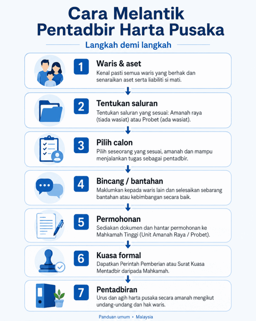 Carta alir proses melantik pentadbir harta pusaka daripada pemilihan calon hingga kuasa formal