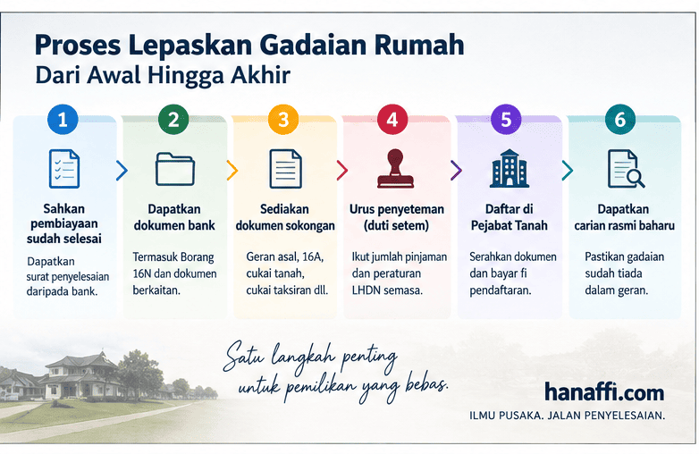 Carta aliran proses pelepasan gadaian rumah dari penyelesaian pinjaman hingga carian rasmi baharu