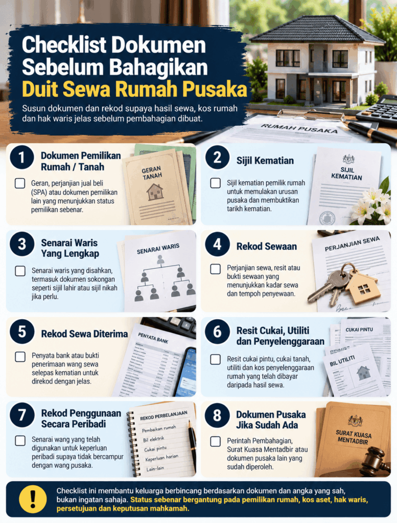 Checklist bukti tuntutan sewa dan penggunaan rumah pusaka oleh waris