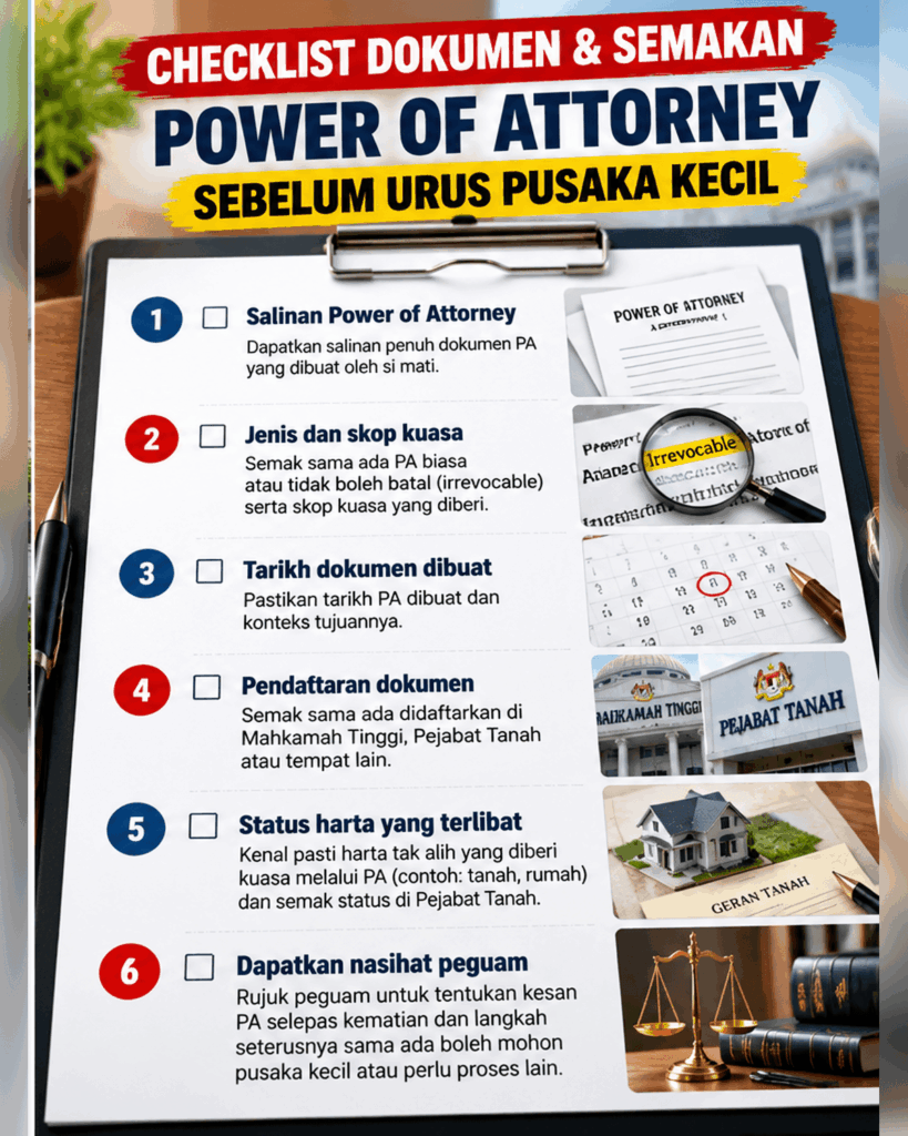 Checklist dokumen Power of Attorney, carian rasmi tanah dan surat Pusaka Kecil